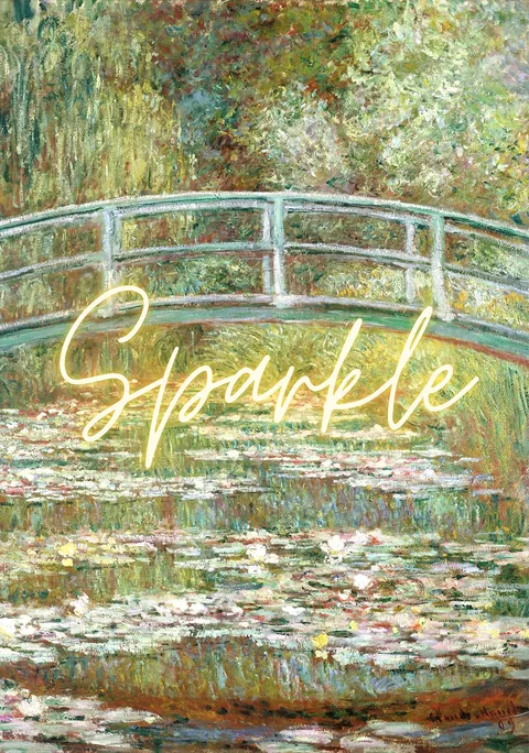 Monet schilderij met Japanse brug en waterlelies met de gele tekst Sparkle