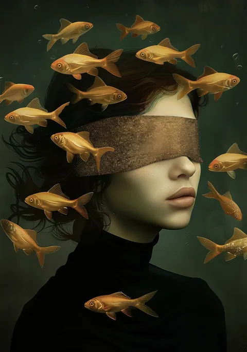 Surrealistisch portret van een geblinddoekte vrouw omringd door zwemmende goudvissen in donkergroen water.