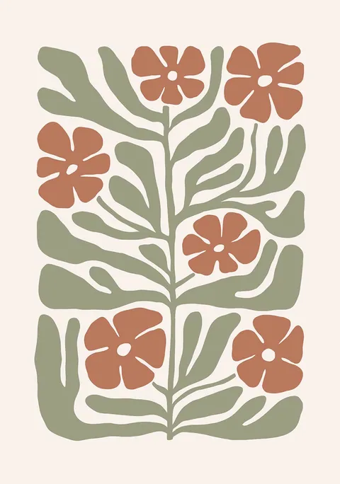 Grafische illustratie van een plant met saliegroene bladeren en terracotta bloemen op beige achtergrond.