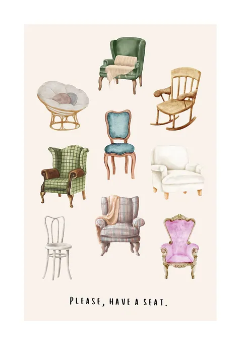Aquarel illustratie van negen verschillende stoelen met de tekst Please have a seat.