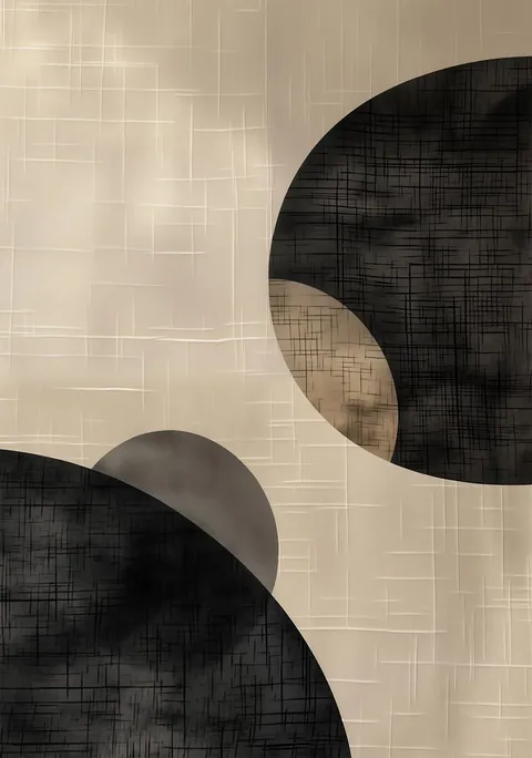 Abstracte compositie van zwarte en grijze cirkels op een beige linnen achtergrond.