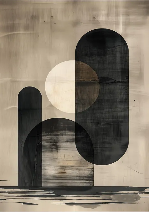Abstracte poster met zwarte bogen en een lichte cirkel op een beige achtergrond