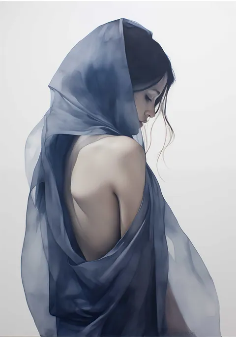 Schilderachtig portret van een vrouw met een ontblote rug en blauwe sluier