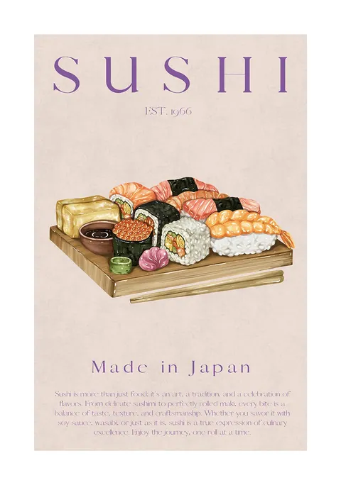 Illustratie van verschillende soorten sushi op een houten plank met eetstokjes en sojasaus.