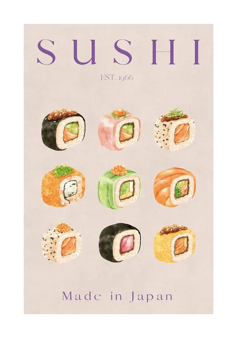 Illustratie van negen verschillende sushirollen in een raster met paarse typografie