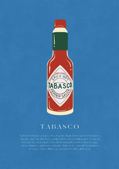 Illustratie van een rood flesje Tabasco saus op een helderblauwe achtergrond.