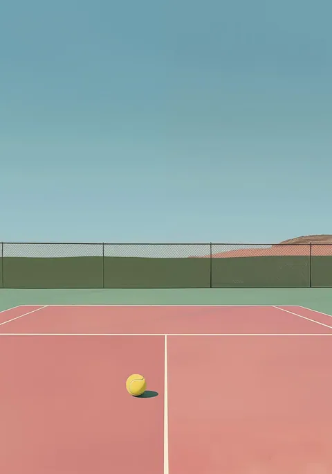 Illustratie van een roze tennisbaan met een gele bal onder een blauwe lucht.