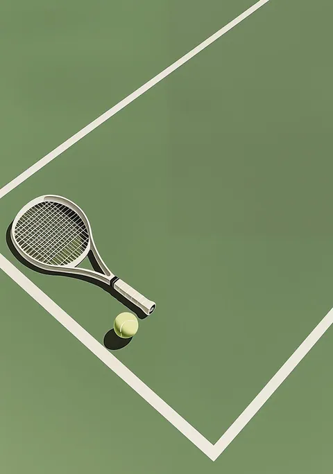 Illustratie van een wit tennisracket en tennisbal op een groene tennisbaan met lijnen