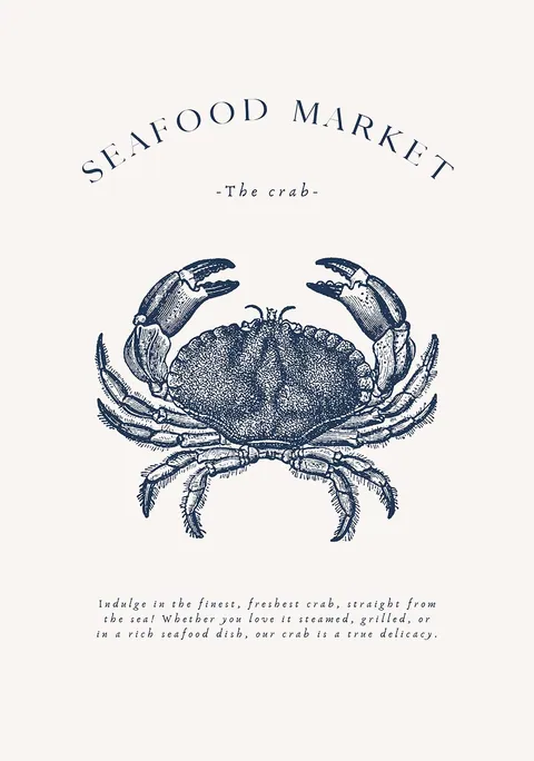 Vintage illustratie van een krab in donkerblauw met tekst Seafood market