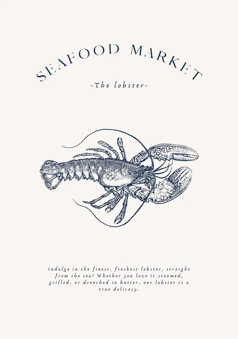 Vintage illustratie van een blauwe kreeft met de tekst Seafood market