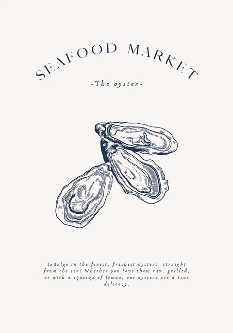Illustratie in marineblauw van drie geopende oesters met tekst Seafood Market op lichte achtergrond.