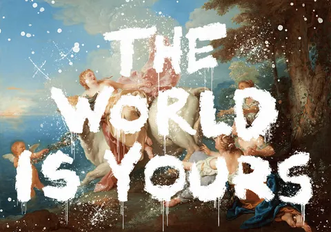 Klassiek mythologisch schilderij met witte graffiti tekst The World Is Yours en verfspetters
