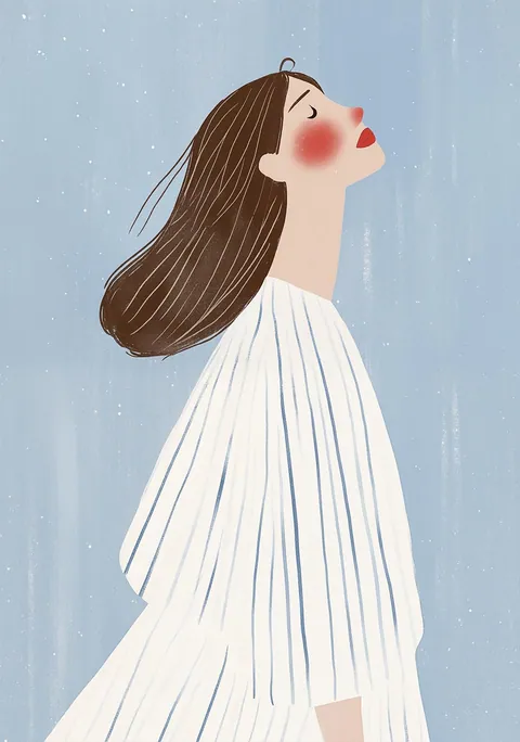 Illustratie van een vrouw met gesloten ogen en wapperend haar tegen een blauwe achtergrond