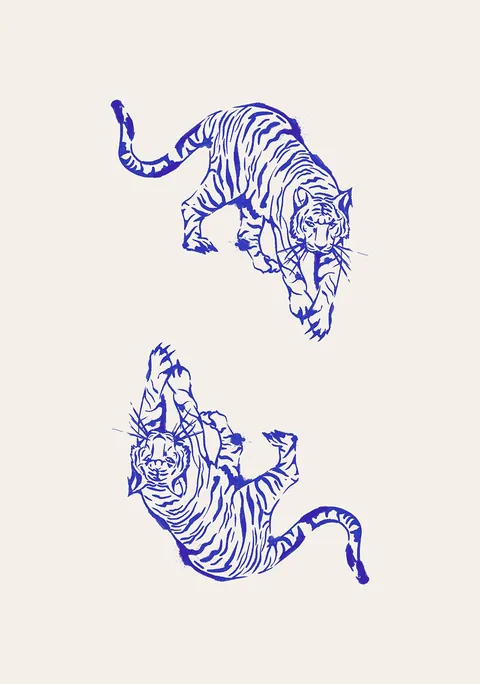 Blauwe illustratie van twee gespiegelde tijgers op een lichte achtergrond