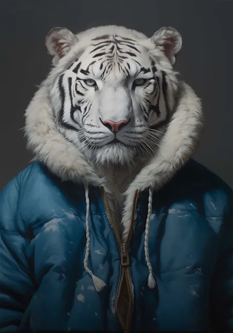 Portret van een witte tijger gekleed in een blauwe winterjas met bontkraag