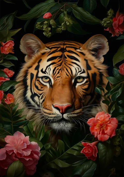 Schilderij van een tijgerkop omringd door donkergroene bladeren en roze bloemen