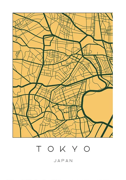 Grafische stadskaart van Tokyo met gele achtergrond en donkere stratenlijnen.