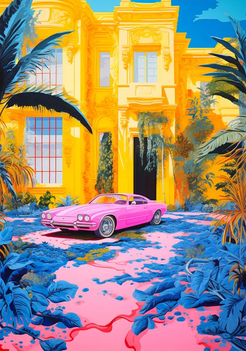 Illustratie van een geel landhuis met palmbomen en een roze vintage sportwagen