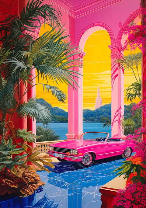 Kleurrijke illustratie van een roze cabriolet onder klassieke bogen met uitzicht op water.