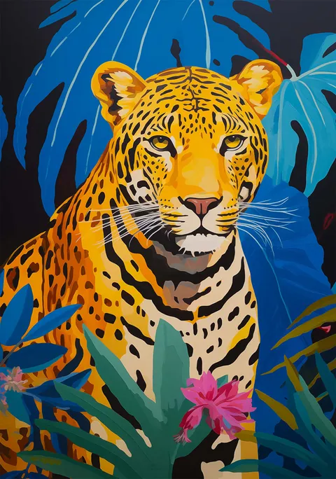 Schildering van een jaguar tussen blauwe en groene junglebladeren en roze bloemen.