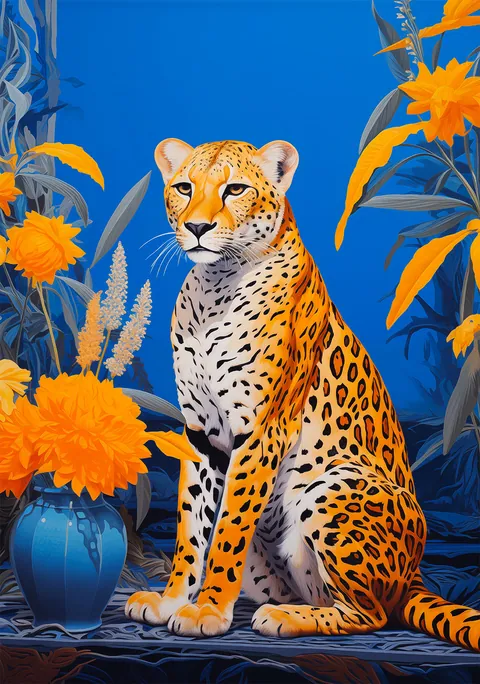 Illustratie van een zittende jaguar tussen oranje bloemen tegen een kobaltblauwe achtergrond.