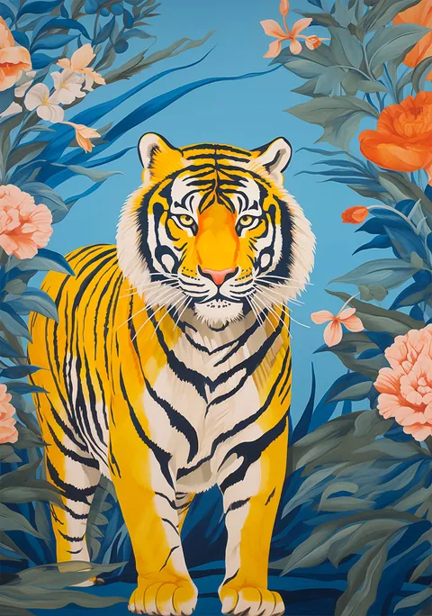 Illustratie van een gele tijger tussen blauwe bladeren en roze bloemen.