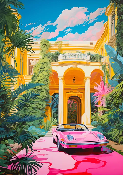 Kleurrijke illustratie van een gele villa met palmbomen en een roze sportwagen.