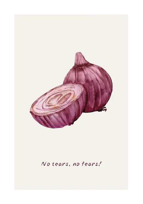 Aquarel illustratie van een hele en gehalveerde rode ui met Engelse tekst.