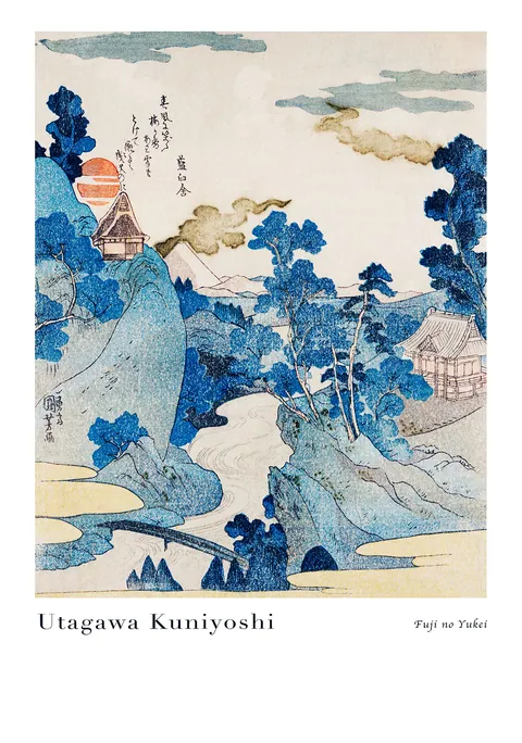 Japanse houtsnede van Utagawa Kuniyoshi met blauwe heuvels en berg Fuji