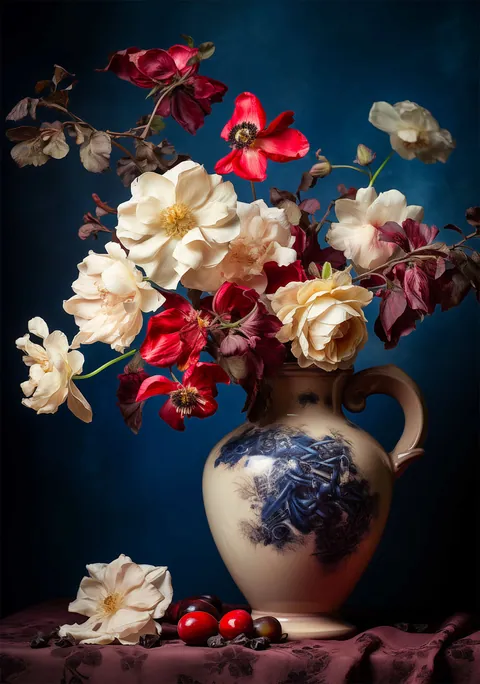 Stilleven van een keramieken kan vol bloemen tegen een donkerblauwe achtergrond