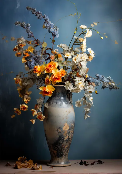 Stilleven van een keramieken vaas met oranje en witte bloemen tegen een blauwe achtergrond