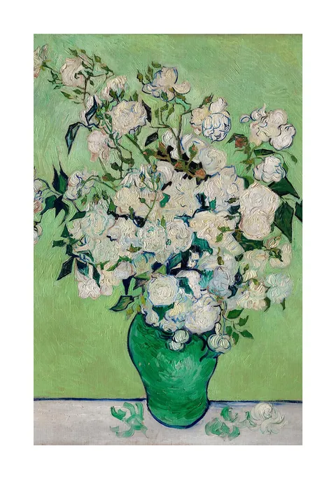 Schilderij van witte rozen in een groene vaas tegen een mintgroene achtergrond.