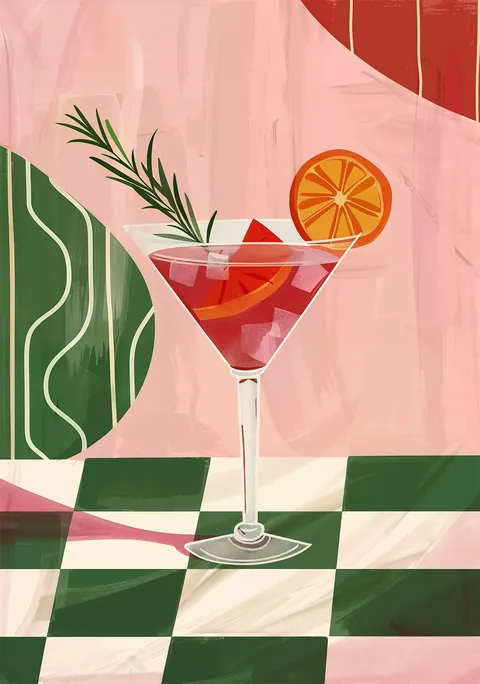 Illustratie van een cocktail met rozemarijn en sinaasappel op een groen-wit geblokte tafel