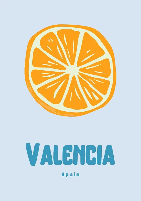 Illustratie van een doorgesneden sinaasappel met de tekst Valencia Spain op een lichtblauwe achtergrond
