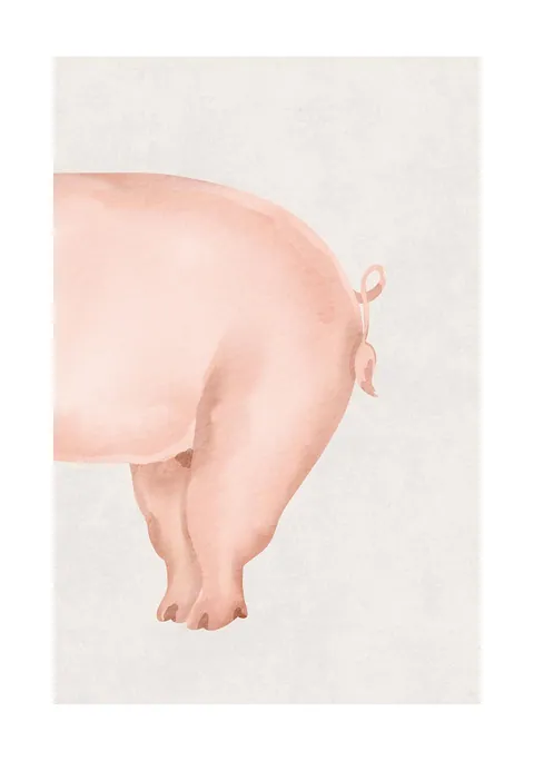 Aquarel illustratie van het achterwerk van een roze varken met krulstaart