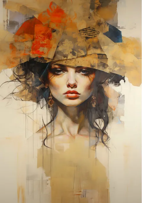 Geschilderd portret van een vrouw met grote abstracte hoofdtooi in oranje en beigetinten