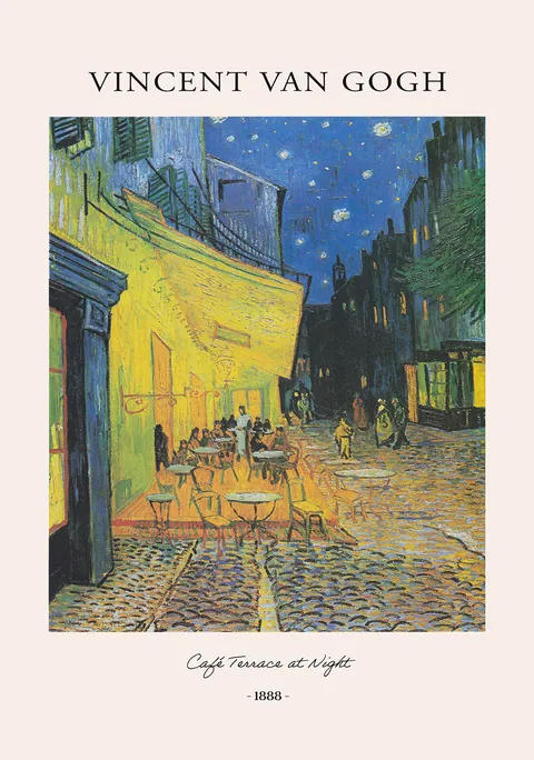 Schilderij van Vincent van Gogh met een verlicht terras onder een sterrenhemel