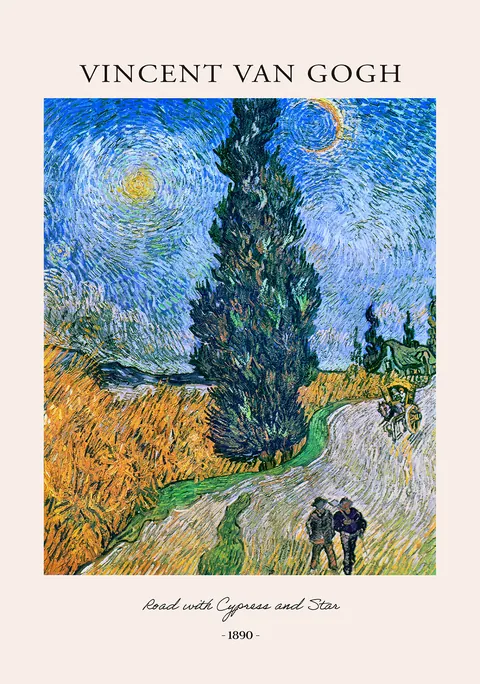 Schilderij van Vincent van Gogh met een hoge cipres, landweg en kolkende sterrenhemel.