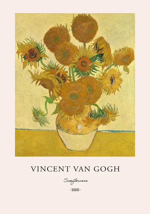Schilderij Zonnebloemen van Vincent van Gogh in een vaas met typografie eronder