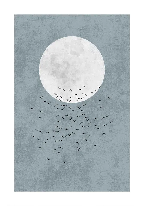 Illustratie van een zwerm zwarte vogels voor een volle maan op blauwe achtergrond.