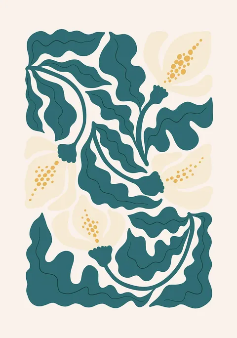Grafische illustratie van golvende blauwgroene bladeren en crèmekleurige bloemen op een lichte achtergrond.