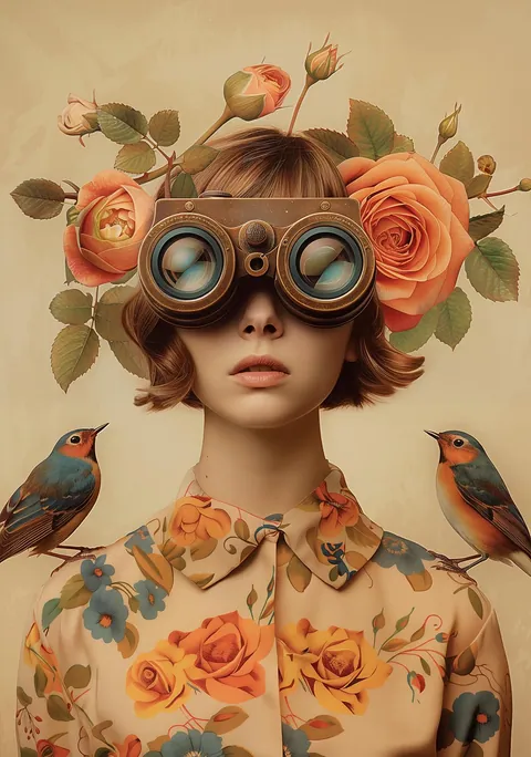 Illustratie van een vrouw met verrekijker, rozen in het haar en vogels op schouders