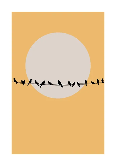 Zwarte silhouetten van vogels op een draad tegen een gele achtergrond met cirkel.