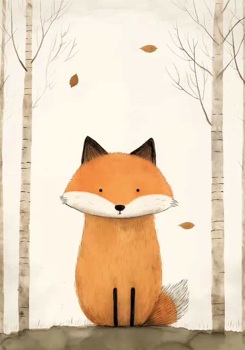 Illustratie van een oranje vosje tussen berkenbomen met dwarrelende herfstbladeren.