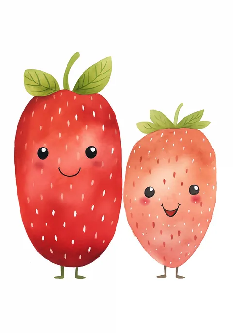 Illustratie van twee lachende rode aardbeien met kleine beentjes op witte achtergrond