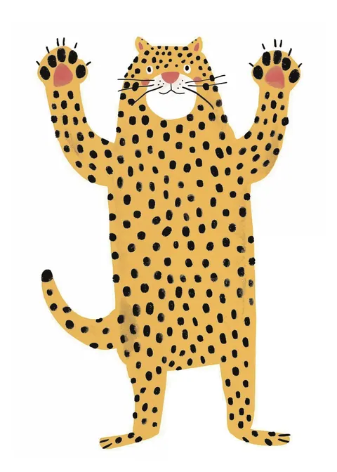 Getekende gele cheetah met zwarte stippen en pootjes omhoog tegen een witte achtergrond