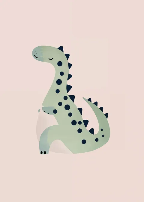 Illustratie van een vriendelijke mintgroene dinosaurus op een zachtroze achtergrond