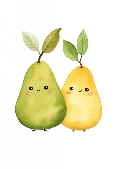 Aquarelillustratie van twee lachende peren in groen en geel met kleine pootjes