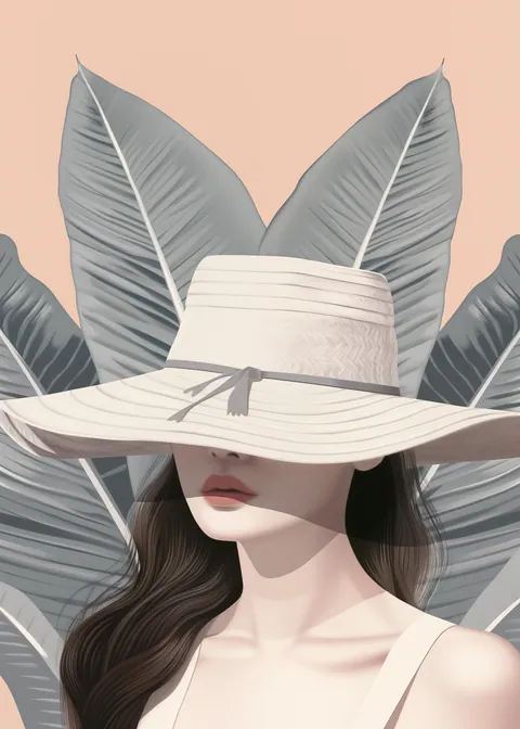 Illustratie van een vrouw met een brede zonnehoed voor grote bladeren