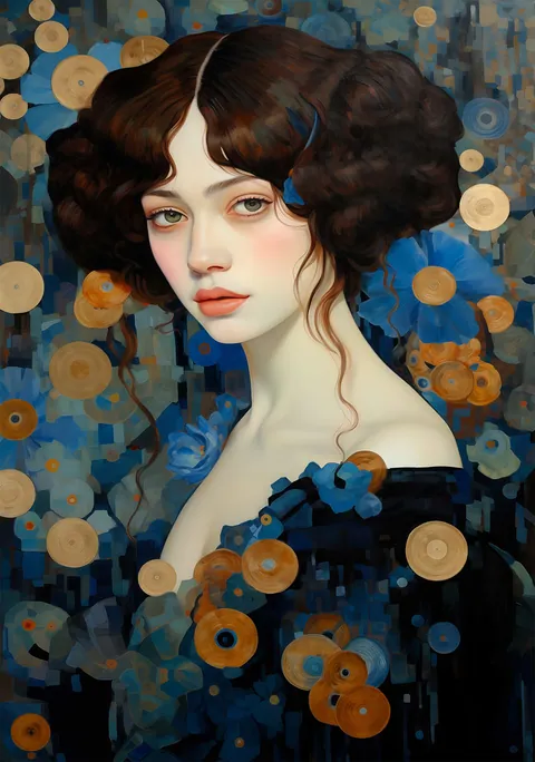 Schilderijachtig portret van een vrouw tussen blauwe bloemen en gouden cirkels